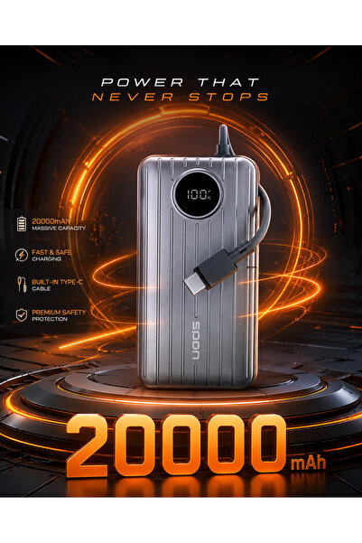 Spon باور بانك سعة 20000mAh بشحن سريع 35 واط، كيبل Type-C مدمج، منفذينType-C-...