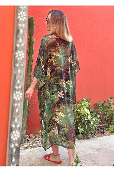 Yame Tropical Patterned Kreo Chiffon Kimono - Black Green Translucent Beach D...