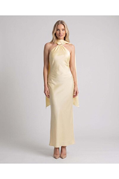 MADE İN ITALY OhMyDress Κίτρινο Σατέν Μακρύ Φόρεμα με Φουλάρι και Λαιμόκοψη H...