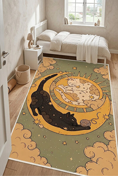 Eco Concept Catus Serisi Dijital Baskı Halı Renkli Kedili Desen Salon Halısı ...