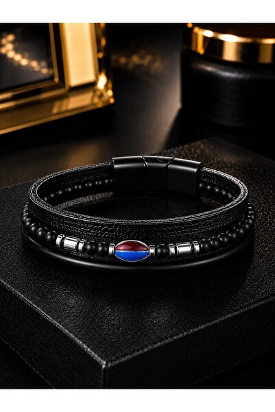 EL YAPIMI Bead Detailed Fan Leather Bracelet (21 cm)