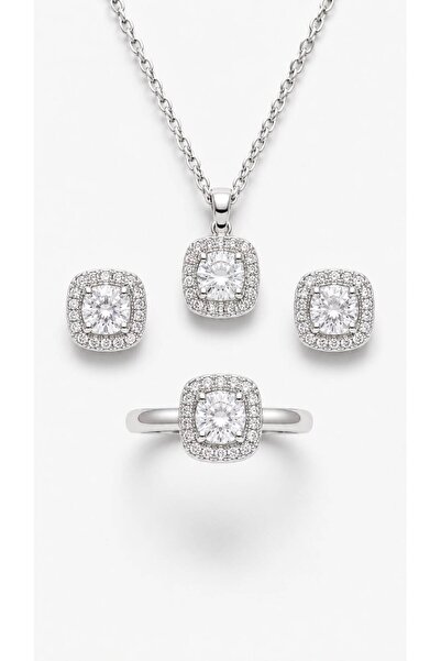 Valmont Crystal Stone Square Pendant Earrings and Adjustable Ring 3-Piece Jew...