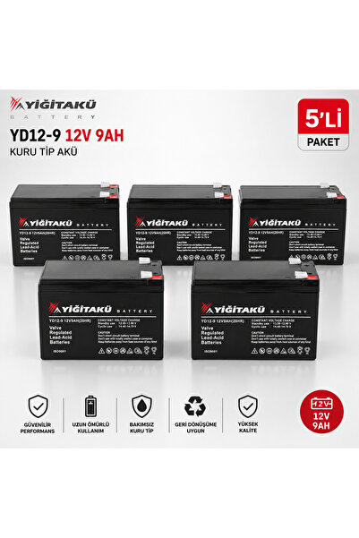 YİĞİT AKÜ 12V 9Ah Bakımsız Kuru Akü 5'li Avantajlı Paket - (Kesintisiz Güç Ka...