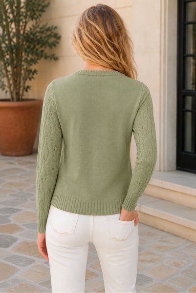 citystyle Women's Round Neck Long Sleeve Leaf Patterned Perforated Casual Stylish Khaki Knitwear Sweater