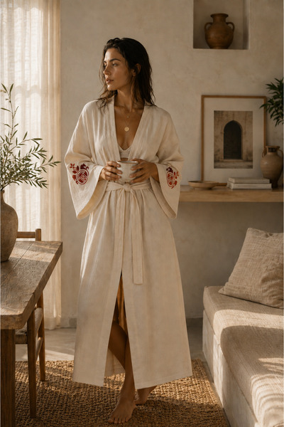 MAISON NAKSHATRA Ashvini Nakışlı %100 Keten Dökümlü Unisex Kimono&Sabahlık