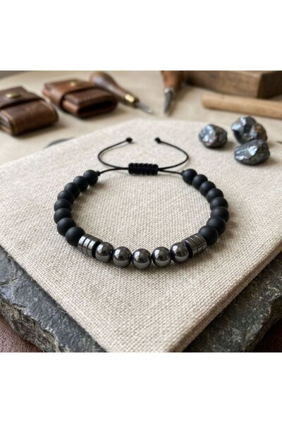 HOBİSY GIFT SHOP Matte Black Onyx and Hematite Stone Men's Bracelet Adjustabl...