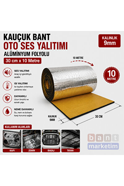 BantMarketim Kauçuk Bant Oto Ses Yalıtımı 9mm Alüminyum Folyolu 30cm x 10 Met...