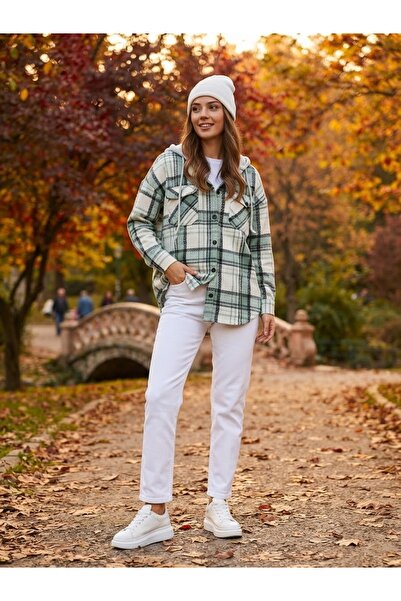 Polologin Butik Women's Green-White Plaid Lumberjack Shirt Gray Hooded Oversi...