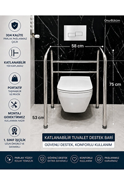 OnurBüküm Portatif Taşınabilir Katlanabilir Engelli Hamile WC Yanı Tutunma Barı