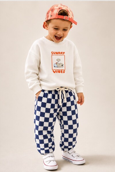 Monila Boy's Ecru Printed Cotton Sweatshirt and Navy Blue Checkered Sweatpant...