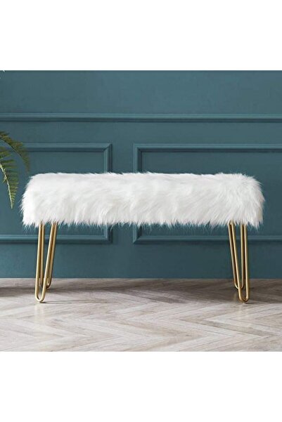 SAMPAŞ UZUN BEANC PUF Metal Gold Ayaklı Beyaz Tüylü Peluş Puf Bench Gold394021k2
