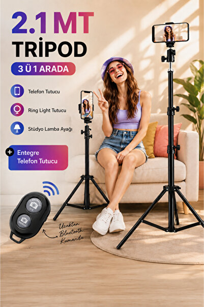 Moxti Bluetooth Kumandalı 210 Cm Tripod Telefon Tutuculu Telefon, Kamera,Işık...