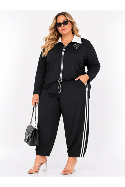 DARKWIN Plus Size Contrast Collar Zipper Stripe Detailed Stylish Sporty Women...