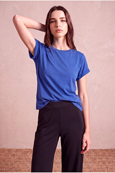 WESTMARK LONDON Women's Viscose Blended Ultramarine Blue Folded Short Sleeve ...