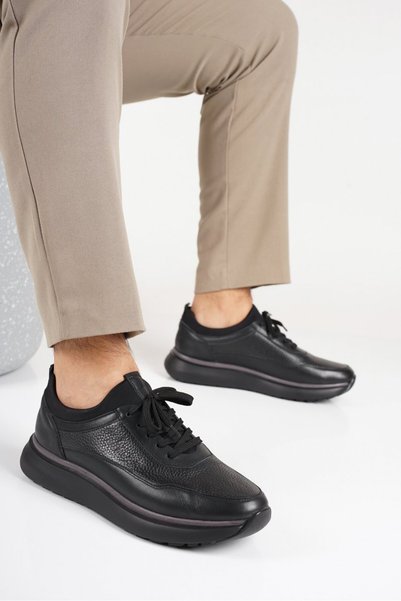 Fame Step Genuine Leather Men's Walking Shoes Casual Comfort Stretch Structure Laceless Use Orthopedic Daily Comfortable Sole Black Sneaker