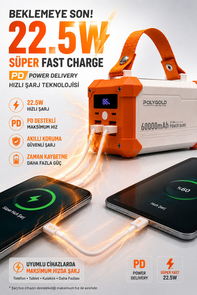 Omaze 60000 mAh Powerbank 22.5W PD Hızlı Şarj 4 USB Çıkış Type-C Micro USB LED Ekranlı Fenerli Kamp Powerbank