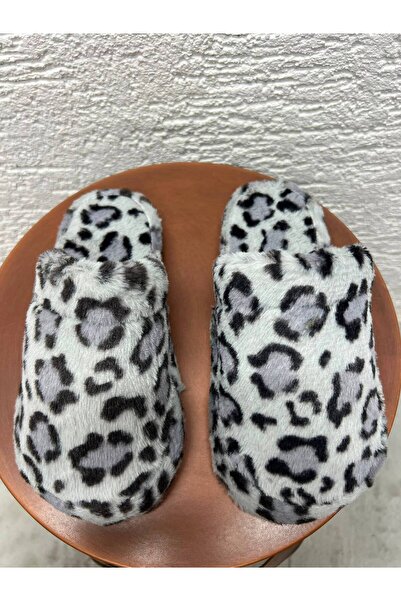 Beyond Women's Gray Leopard Rabbit Fur Indoor House Slippers 3 cm Byndatom01