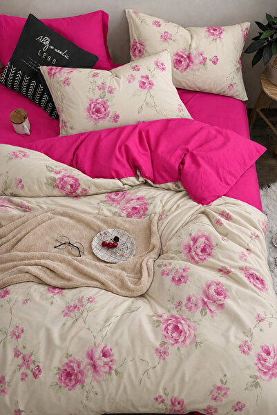 İQON 100% Cotton-Satin Flat Sheet Duvet Cover Set Double Size Fuchsia Flowers