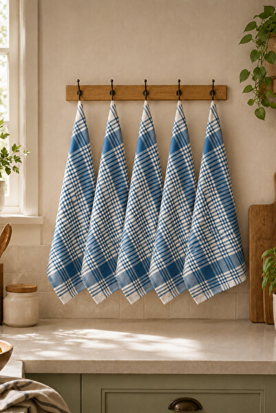 Loyal Home Set of 5 Plaid Patterned Kitchen Towels & Drying Cloths 50X70 cm B...