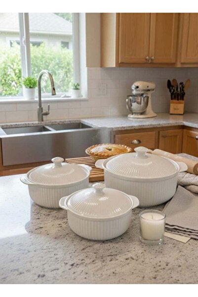 Dove 3-Piece Ceramic Soup Bowl Set With Lid White; Small Bowl 8.5 Inch, Mediu...