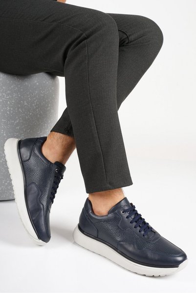 Fame Step Genuine Leather Men's Walking Shoes Casual Comfort Lace-Up Orthopedic Daily Comfortable Sole Navy Blue Sneaker Palermo