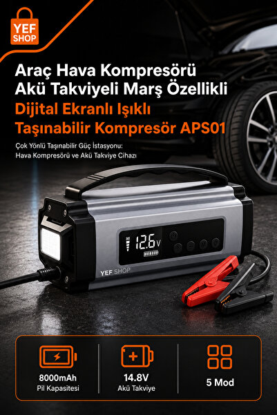 YEF SHOP Dijital Ekranlı Çok Fonksiyonlu Taşınabilir Araç Hava Kompresörü Akü...