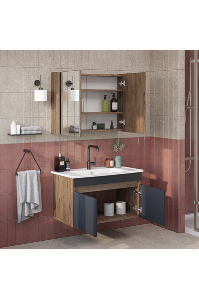 ROOMART '' Lavabolu '' Mat Mdf 80 Cm Banyo Alt Dolabı + Aynalı Üst Dolabı , Banyo Dolabı Takımı