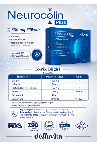 dellavita medikal Neurocolin Plus 500mg Sitikolin Takviyesi