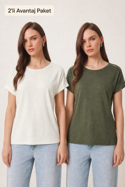 Lovelyİstanbul Pack of 2 Viscose T-Shirts with Guipure Detail Lrn0067 Khaki Ecru
