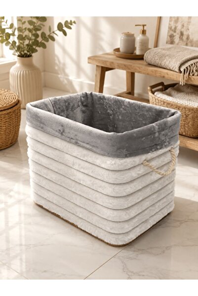 Onedekor Bambu Peluş Kaplama Çamaşır Sepeti Organizer -Beyaz