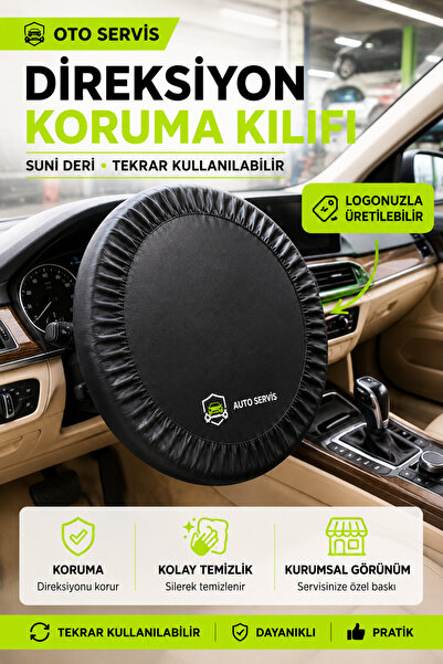 Oto Servis Direksiyon Koruma Kılıfı - Suni Deri -Tekrar Kullanılabilir - Siyah
