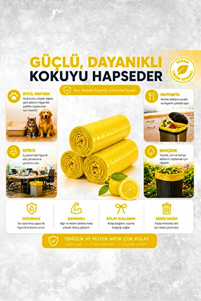 Tasarım Evi Büzgülü Çöp Poşeti Limon Kokulu 65×70 cm Büyük Boy 5 Rulo Dayanıklı Sızdırmaz Kalın Çöp Torbası