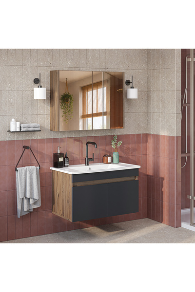 ROOMART '' Lavabolu '' Mat Mdf 80 Cm Banyo Alt Dolabı + Aynalı Üst Dolabı , Banyo Dolabı Takımı