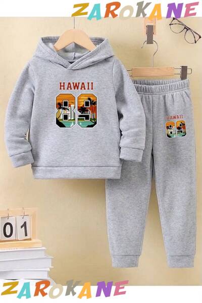 ZAROKANE Hawai89 Printed Winter Children's Hooded Top and Bottom Cotton Track...