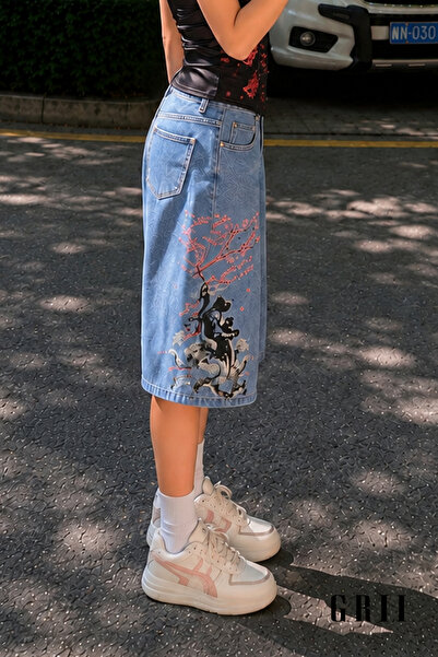 GRİİ WEAR Unisex Y2K Sakura Kapri Embroidered Wide Leg Oversize Denim Jort Bermuda Shorts