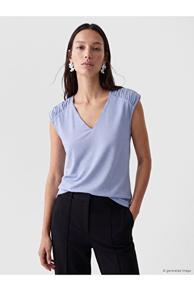 LC Waikiki Ozmarka New Season Blue V-Neck Soft Touch Gathered Blouse