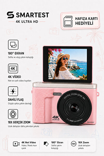 SMARTEST 4K Dijital Fotoğraf Makinesi 48MP Flip Ekran Gerçek 18X Zoom Flaşlı ...