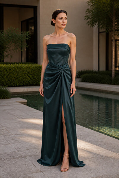 DORİDORCA Women's Strapless Deep Slit Long Evening Dress 8015 Petrol