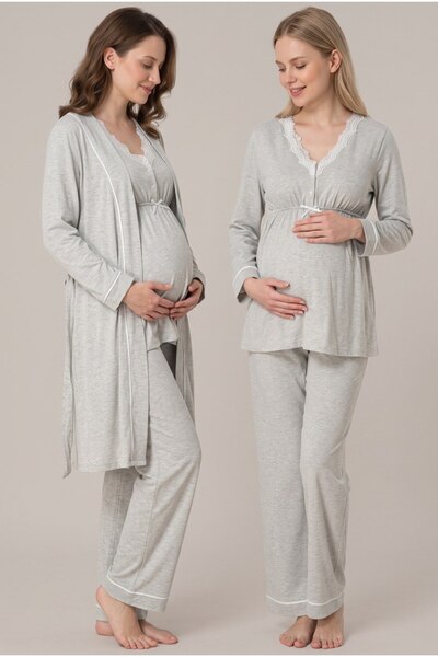LOHOUSE Women's Gray Lace Buttoned Maternity Pajama Set with Dressing Gown fo...