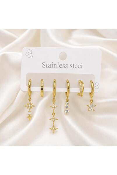 Stainlless Steel Premium Gold Minimal Charms Çelik Kadın Küpe Seti