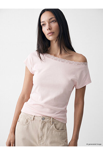 LC Waikiki Vizyon New Season Pink Boat Neck Lace Detailed Blouse