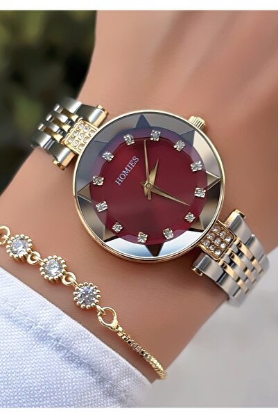 Homies Special Boxed Steel Cord Stone Claret Red Dial Women Wristwatch - Brac...