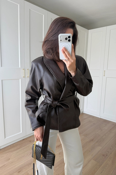 SHILSEE BEUTİQUE Brown Leather Jacket with Binding Details