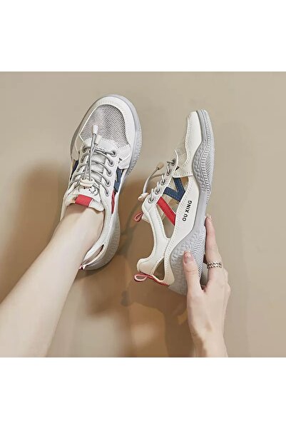 dorbe Women's White and Red Mesh Sneakers