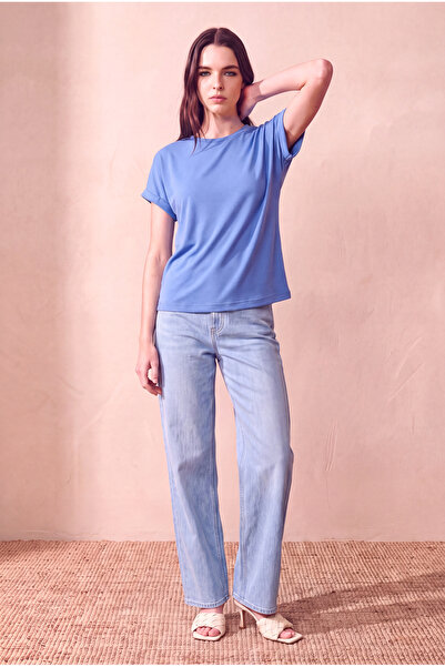 WESTMARK LONDON Women's Viscose Blended Hydrangea Blue Folded Short Sleeve Cr...