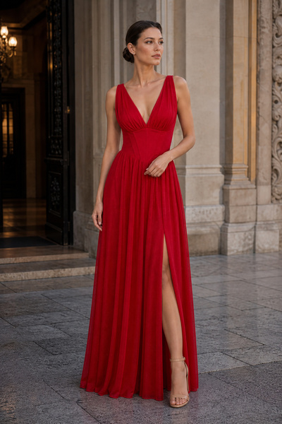 DORİDORCA Women's Deep V-Neck Corseted Long Evening Dress 7133 Red