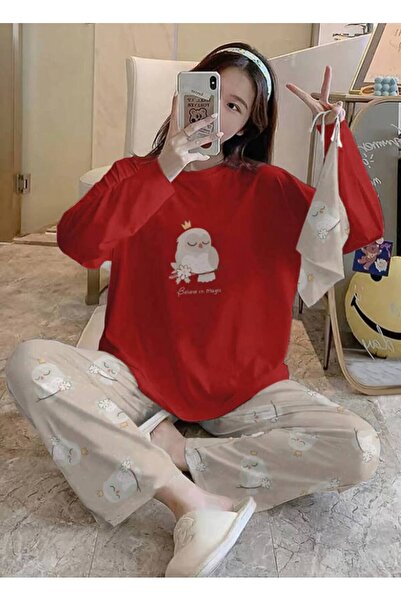 Silona Homewear Bahd Owl 7 Believe İn Magic Red Supersoft Women's Pajamas Set