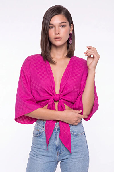 cemo Desenli Önden Bağlamalı Kimono Crop Bluz