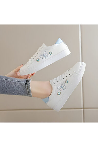 dorbe Women's White and Blue Butterfly Sneakers