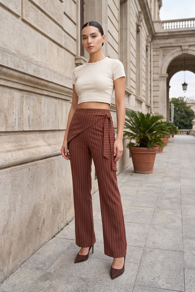 royal prime Women's Striped Belted Wide-Leg Pants